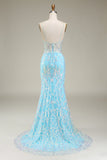 Blue Mermaid Spaghetti Straps Sparkly Ball Dress