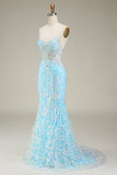 Blue Mermaid Spaghetti Straps Sparkly Ball Dress