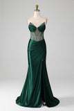 Dark Green Mermaid Strapless Corset Pleated Ball Dress