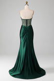 Dark Green Mermaid Strapless Corset Pleated Ball Dress
