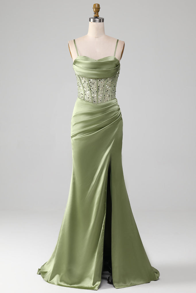 Zapaka Women Sage Green Sequin Prom Dress Spaghetti Straps Satin ...