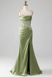 Sage Green Sequin Satin Pleated Mermaid Corset Ball Dress