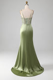 Sage Green Sequin Satin Pleated Mermaid Corset Ball Dress