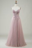 Sparkly Blush A-Line Tulle Long Ball Dress with Lace