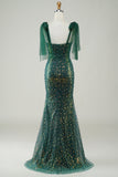 Sparkly Dark Green Mermaid Sequin Long Ball Dress with Slit