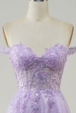 Purple Corset A-Line Long Tulle Ball Dress with Lace