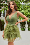A Line Deep V Neck Green Short Cocktail Dress with Ruffles