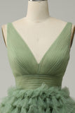 Green Tulle V-Neck Short Ball Dress With Open Back