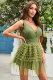 A Line Deep V Neck Green Short Cocktail Dress with Ruffles