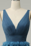 A Line V-Neck Blue Long Ball Dress With Open Back