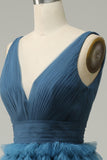 A Line V-Neck Blue Long Ball Dress With Open Back