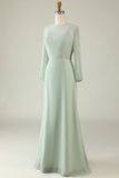 Mint A Line Chiffon Wedding Guest Dress with Long Sleeves