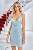 Light Blue Sparkly Tight Cocktail Dress with Lace-up Back