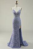 Halter Mermaid Purple Lace Long Ball Dress