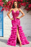 Mermaid Spaghetti Straps Fuchsia Long Ball Dress with Feathers