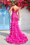 Mermaid Spaghetti Straps Fuchsia Long Ball Dress with Feathers