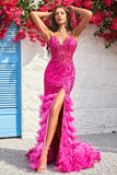 Mermaid Spaghetti Straps Fuchsia Long Ball Dress with Feathers