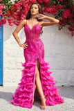 Mermaid Spaghetti Straps Fuchsia Long Ball Dress with Feathers