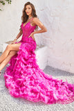 Mermaid Spaghetti Straps Fuchsia Long Ball Dress with Feathers