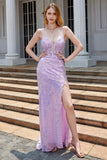 Purple Sparkly Appliques Corset Ball Dress with Slit