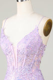 Bling Bodycon Spaghetti Straps Purple Corset Cocktail Dress with Criss Cross Back