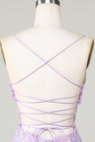 Bling Bodycon Spaghetti Straps Purple Corset Cocktail Dress with Criss Cross Back