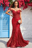 Mermaid Off the Shoulder Burgundy Corset Ball Dress with Bronzing
