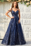 A Line Off the Shoulder Navy Long Ball Dress with Appliques