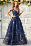 A Line Off the Shoulder Navy Long Ball Dress with Appliques