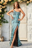 Mermaid One Shoulder Green Sequins Long Ball Dress with Split Front