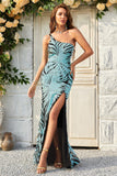 Mermaid One Shoulder Green Sequins Long Ball Dress with Split Front