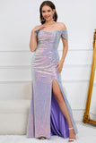 Sparkly Mermaid Off The Shoulder Purple Long Ball Dress with Slit
