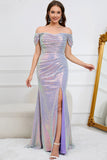 Sparkly Mermaid Off The Shoulder Purple Long Ball Dress with Slit