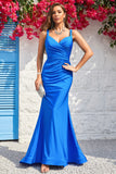 Mermaid Spaghetti Straps Blue Long Ball Dress with Open Back