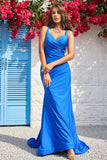 Mermaid Spaghetti Straps Blue Long Ball Dress with Open Back