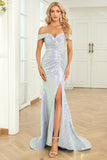 Mermaid Off the Shoulder Blue Sequins Long Ball Dress with Split Front