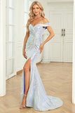 Mermaid Off the Shoulder Blue Sequins Long Ball Dress with Split Front