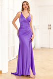 Purple Mermaid Spaghetti Straps Ball Dress with Slit