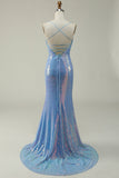 Blue Sequined Spaghetti Straps Mermaid Ball Dress