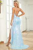 Mermaid Spaghetti Straps Blue Sequins Long Ball Dress with Split Front