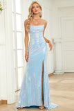 Mermaid Spaghetti Straps Blue Sequins Long Ball Dress with Split Front