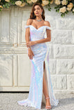 Mermaid Off the Shoulder White Sequins Long Ball Dress with Split Front