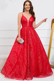 Sparkly Spaghetti Straps Red Long Ball Dress