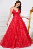 Sparkly Spaghetti Straps Red Long Ball Dress