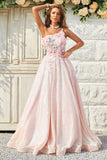 A Line One Shoulder Blush Long Ball Dress with Appliques