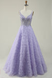 A Line V Neck Purple Long Ball Dress with 3D Flowers