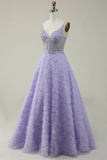 A Line V Neck Purple Long Ball Dress with 3D Flowers