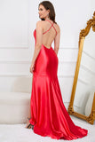 Deep V-Neck Sleeveless Long Red Ball Dress with Slit