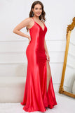 Deep V-Neck Sleeveless Long Red Ball Dress with Slit