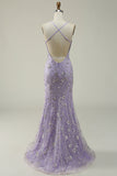 Mermaid Spaghetti Straps Purple Long Ball Dress with Beading
